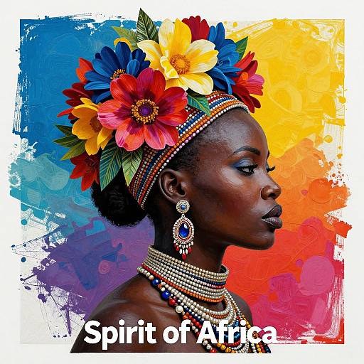 Photograph of a dark-skinned African woman with vibrant flower headpiece, adorned in jewelry, against a colorful abstract background. Text: 
