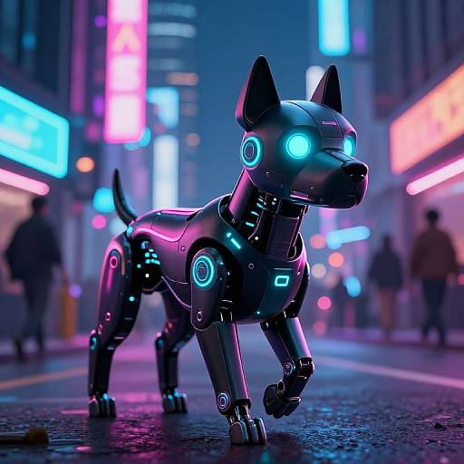 Neon-lit cyberdog with glowing blue eyes and joints, walking on a futuristic city street with colorful, vibrant signage. CGI artwork.