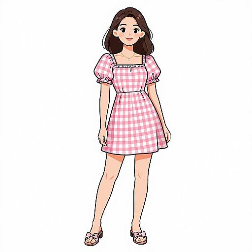 Digital anime-style drawing of a smiling young woman with dark brown hair, wearing a pink and white checkered dress and sandals.