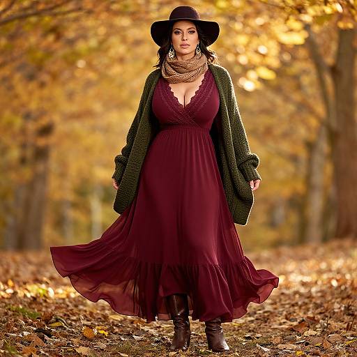 Photograph of a woman in a deep burgundy lace dress, green cardigan, black hat, and brown scarf, walking on a leaf-covered autumn