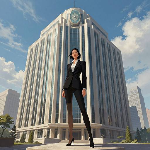 Photograph of confident Asian woman in black suit and heels standing in front of tall, modern skyscraper with blue sky and clouds.