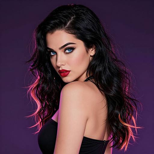 Photograph of a striking woman with dark wavy hair, red lipstick, and blue eyes, wearing a black top, against a purple background.