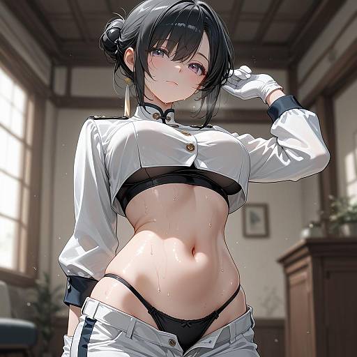 Anime Girl in White Uniform Crop Top and Black Underwear
