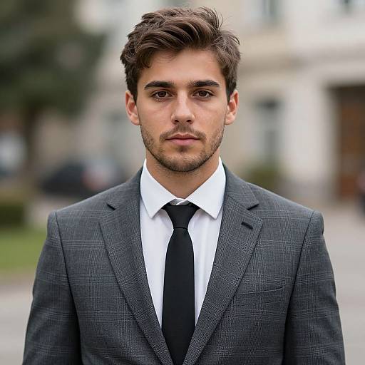 Photograph of a young man with dark brown hair, light skin, and a trimmed beard, wearing a gray checkered suit, white shirt, and