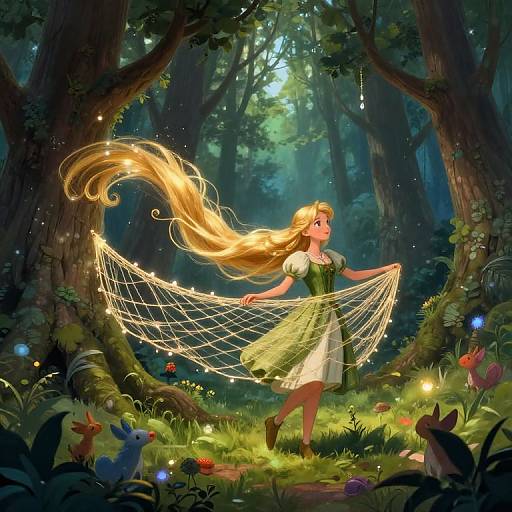 Digital fantasy artwork: Blonde fairy with glowing hair holds string of lights, wearing green dress, in enchanted forest with fireflies and small creatures.