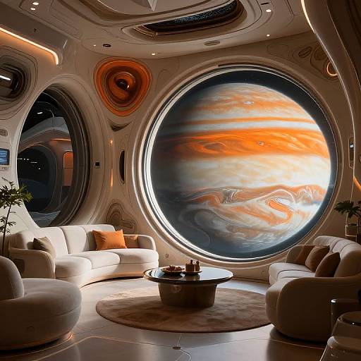 Space lounge with white circular sofas, coffee table, and massive circular window showing vibrant Jupiter and orange clouds, illuminated by overhead lights.