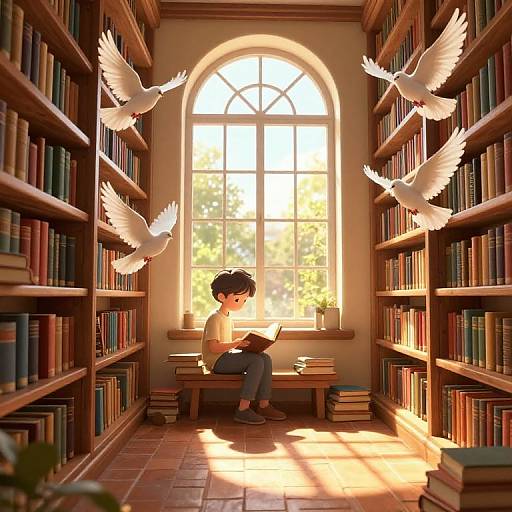 Digital illustration of a boy with black hair reading in a sunlit library, surrounded by white doves, with tall bookshelves on both sides.