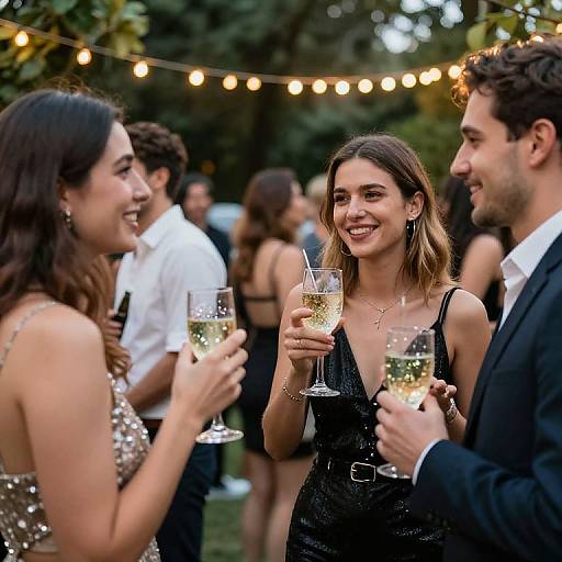 Photograph of three smiling, dressed-up people holding champagne glasses at an outdoor evening party, with string lights in the background.