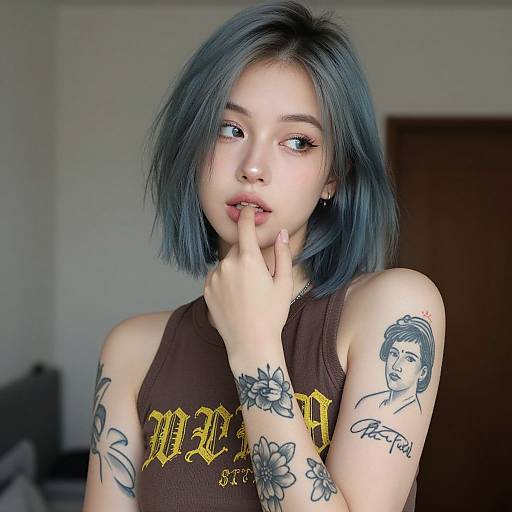 Photograph of a young Asian woman with blue hair, tattoos on her arms, wearing a brown sleeveless top with gold text, touching her lips with