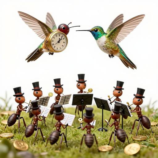 Photograph of two colorful hummingbirds, one with a clock on its head, performing with top-hatted, stick figure musicians on grass.