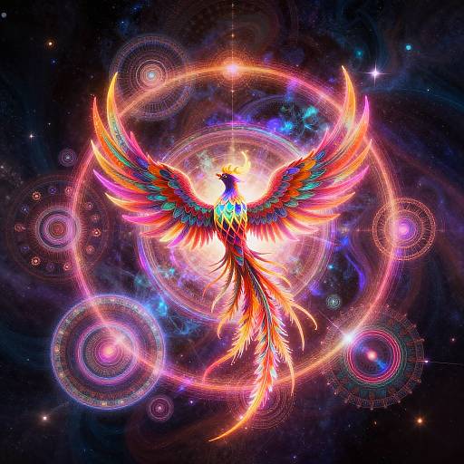 Psychedelic Soaring Phoenix in Cosmic Vortex