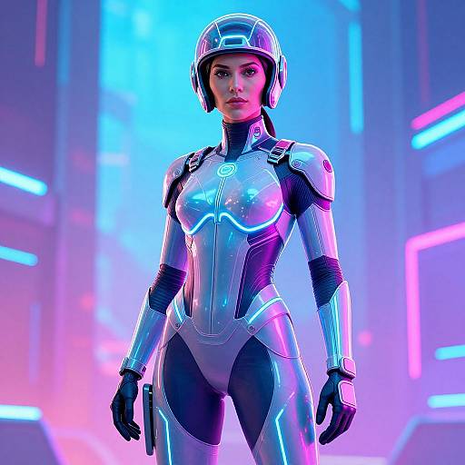 Digital art of a futuristic female warrior in a silver, neon-lit, form-fitting suit and helmet, standing confidently against a vibrant blue and pink