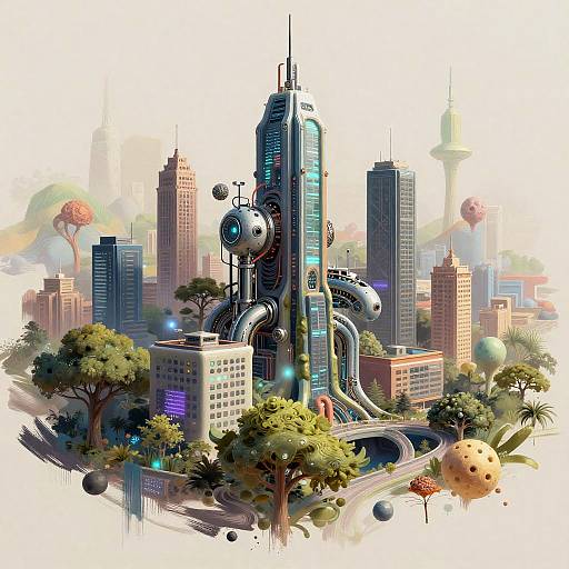 Futuristic cityscape illustration featuring towering, cybernetic skyscrapers with glowing blue accents, robotic structures, and vibrant green trees, set against