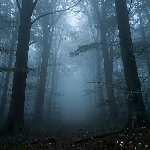 Photograph of a dense, misty forest at dawn with tall, dark trees, sparse leaves, and a mysterious, blue-tinged foggy