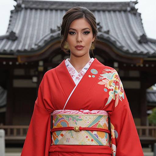 Photograph of an Asian woman with dark hair in a red floral kimono, standing in front of a traditional Japanese building with a tiled roof.