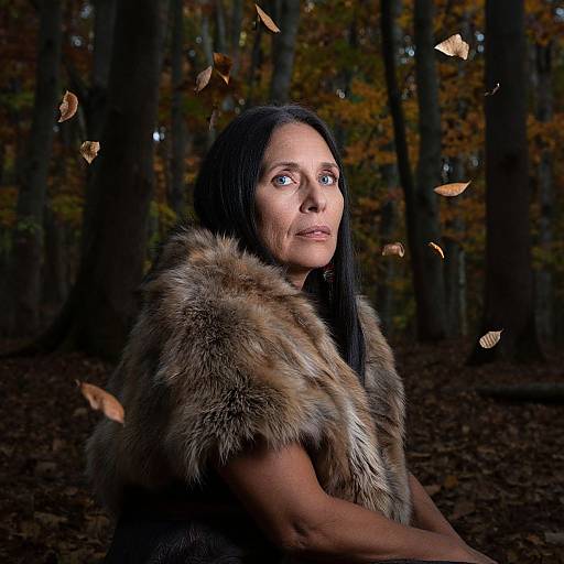 Photograph of a middle-aged woman with long black hair, wearing a fur cloak, standing in a dark forest with autumn leaves falling around her.