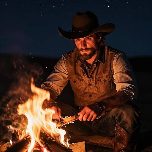 Handsome Cowboy by Campfire at Night