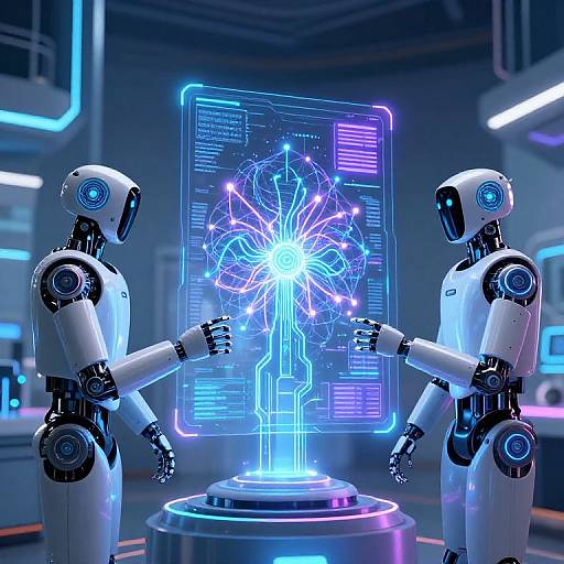Two futuristic white robots with blue glowing eyes touch a holographic neon blue circuit tree display in a high-tech lab.