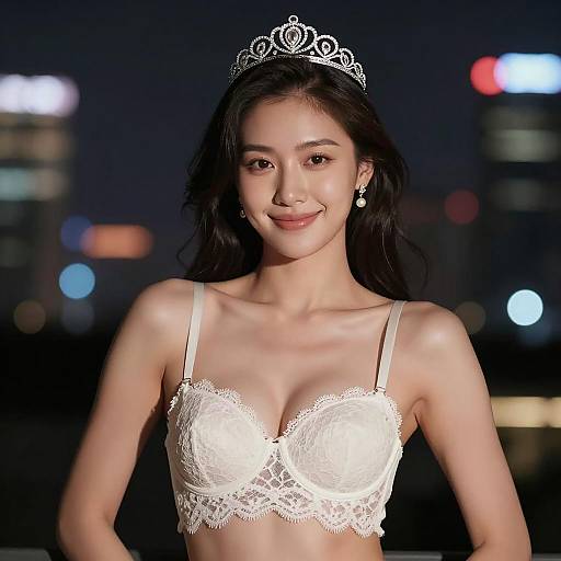 Elegant Asian Woman in Nighttime Cityscape