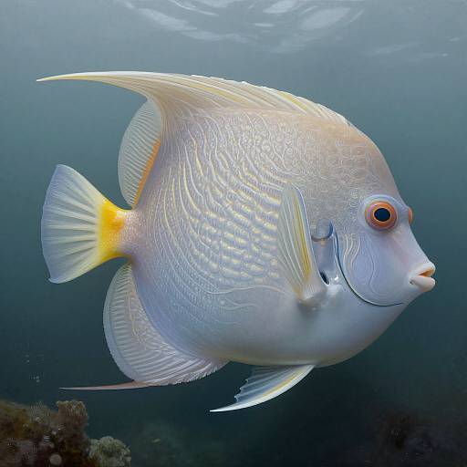 Photograph of a vibrant, silver Moorish idol fish with yellow tail fin, orange eyes, and intricate scales, swimming in a dark blue underwater environment