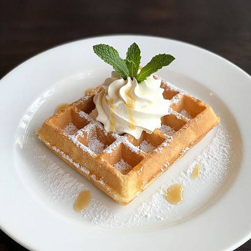 Photograph of a golden waffle dusted with powdered sugar, topped with whipped cream and a fresh mint leaf, on a white plate against a dark