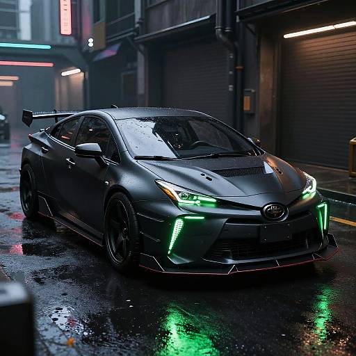 Photograph of a sleek, black Nissan sports car with green LED lights, parked on a rainy, neon-lit urban street.
