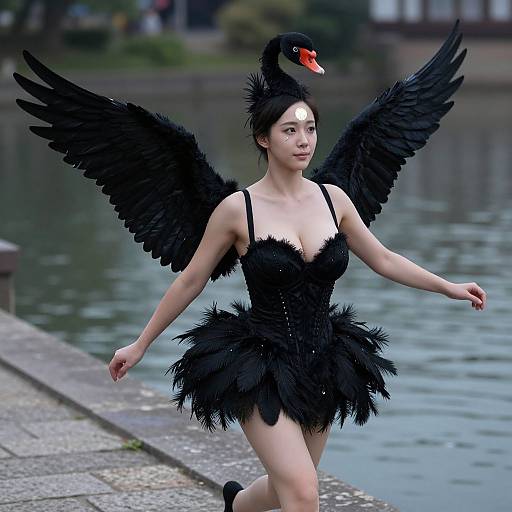 Photograph of a pale-skinned woman with black feathered wings and a black feathered dress, wearing a black bird headdress, walking by a