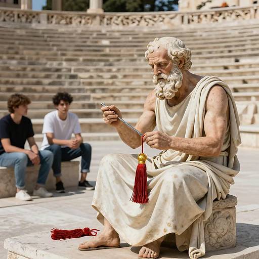 Photograph of an elderly, white-bearded man in ancient Greek attire, playing a small lyre with a red tassel, seated outdoors on stone