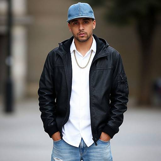 Photograph of a young man with light brown skin, short beard, and serious expression, wearing a denim cap, black jacket, white shirt, chain