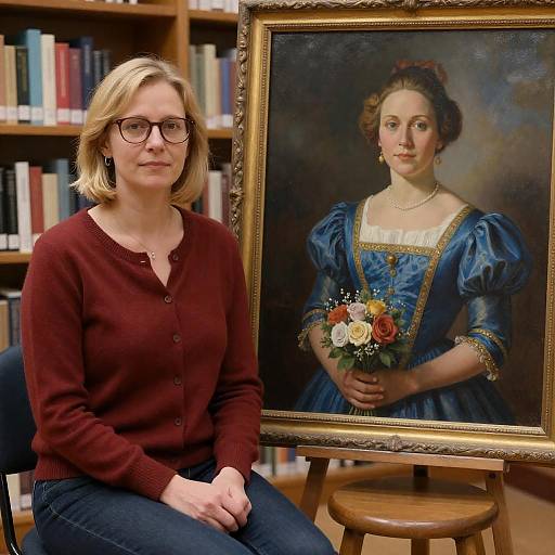 Woman in Library with Portrait