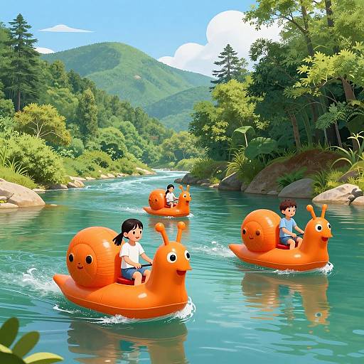 Digital illustration of three Asian children in bright orange inflatable boats shaped like snails, floating on a clear, flowing river surrounded by lush green mountains and trees