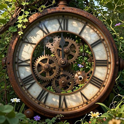 Rustic, vintage clock face with exposed gears surrounded by lush greenery and small flowers, sunlight filtering through leaves. Photorealistic digital artwork.
