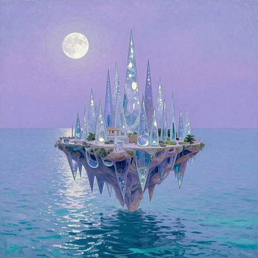 Fantasy digital artwork of a floating island with transparent, glowing spires, a small house, and moonlit ocean under a purple sky.