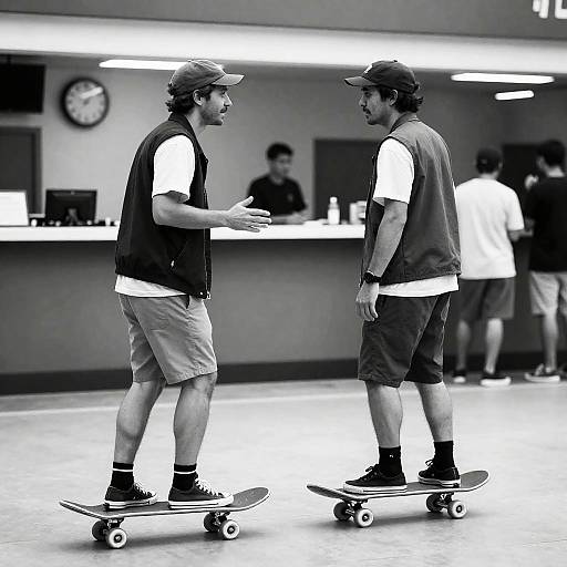 Indoor Skateboarding Conversation in Monochrome