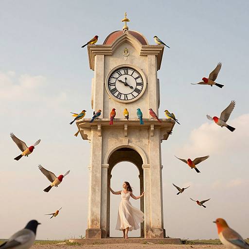 Photograph of a woman in a white dress standing under a clock tower, surrounded by colorful birds flying in a bright sky.