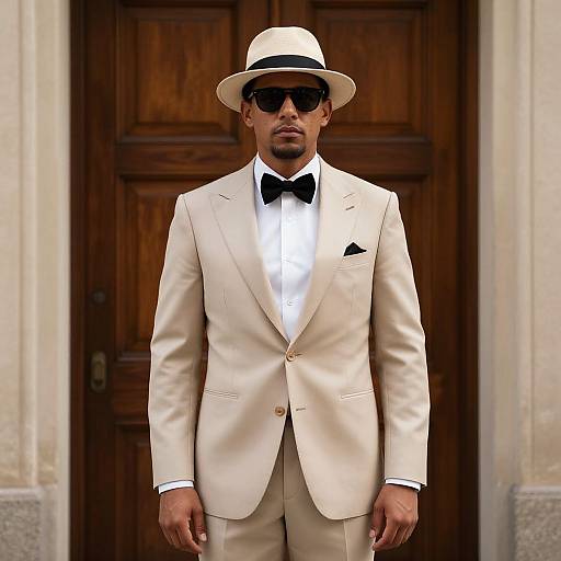 Man in Beige Suit by Wooden Door