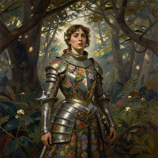 Digital painting of a young woman in ornate, floral-patterned armor standing in a lush, enchanted forest with sunlight filtering through trees.