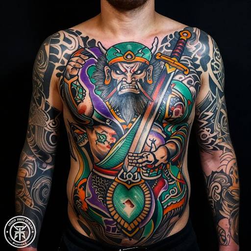 Vivid, colorful tattoo of a fierce warrior holding a sword, covering a shirtless man's chest and arms, with intricate patterns. Photographed against