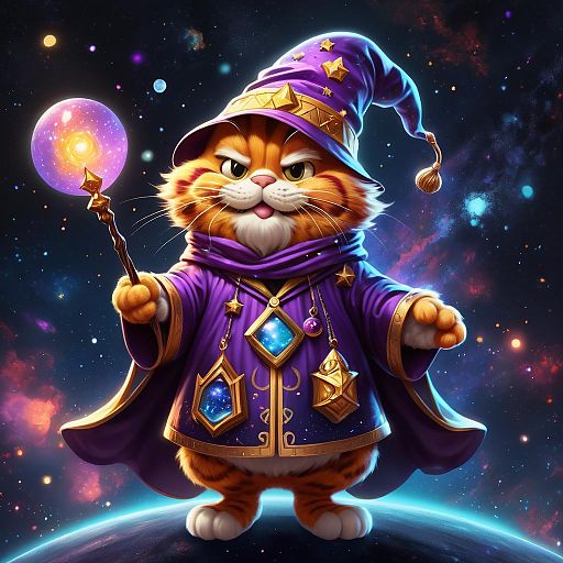 Digital illustration of a chubby orange tabby cat dressed as a wizard with a starry purple hat and cape, standing on a rocky planet under a vibrant