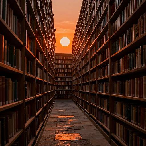 Photograph of a library aisle at sunset, with rows of dark wooden bookshelves on both sides, casting long shadows. Sun sets behind, casting