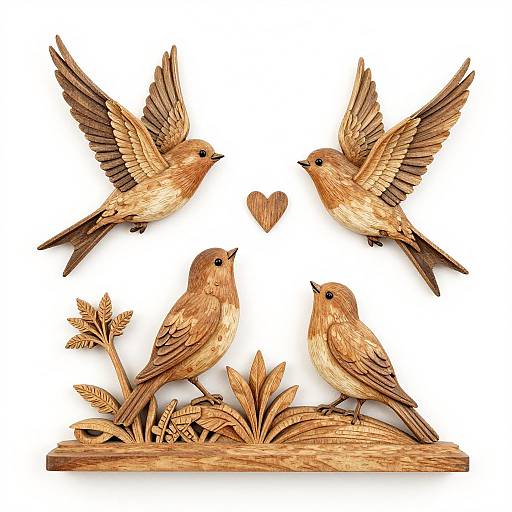 Wooden carving of two flying birds above a heart, with two seated birds and foliage on a white background.