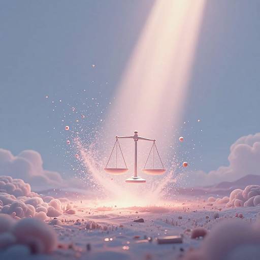 Digital art: A glowing, suspended balance scale erupts with light in a pink and blue cloudy sky, surrounded by floating orbs.