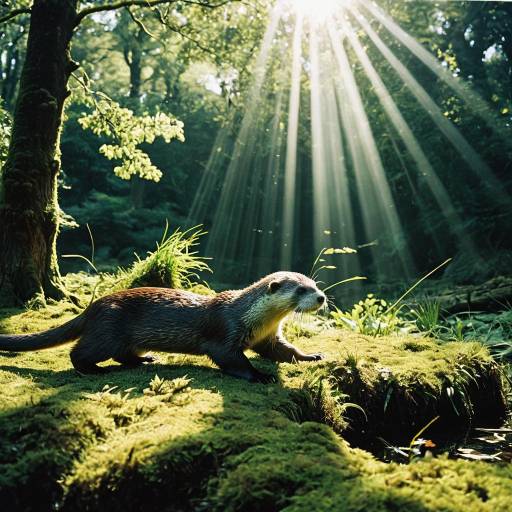 Otter in Mossy Forest with Sunlight Rays