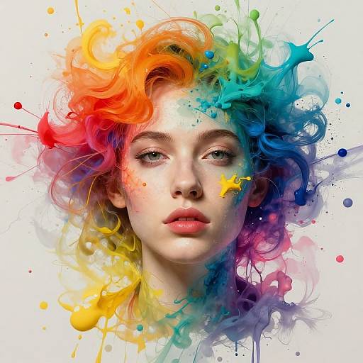 Digital artwork of a young woman with vibrant, multicolored, swirling hair, blending red, orange, yellow, green, blue, and purple.