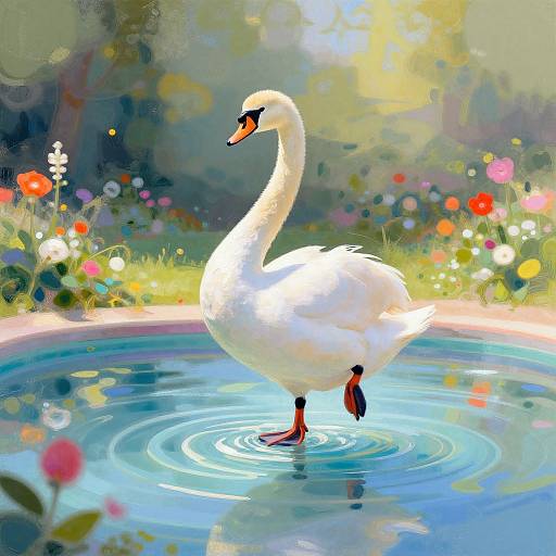 Digital painting of a white swan with an orange beak and black markings standing in a blue, sunlit pond surrounded by colorful flowers and lush green