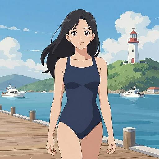 Young Woman in Swimsuit on Pier