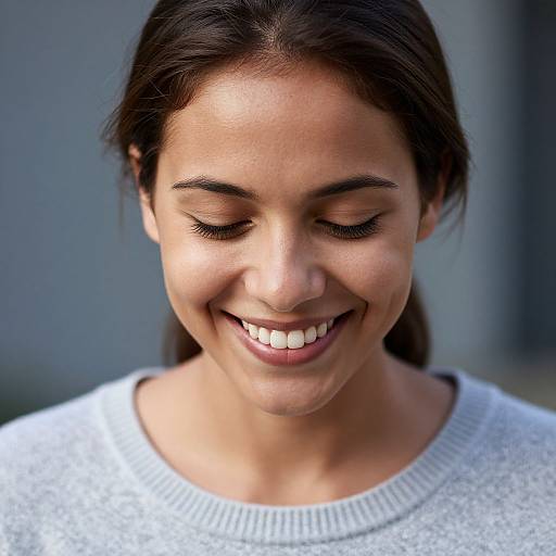Close-up photograph of a smiling young woman with dark brown hair, wearing a white sweater, eyes closed, natural makeup, and soft lighting.