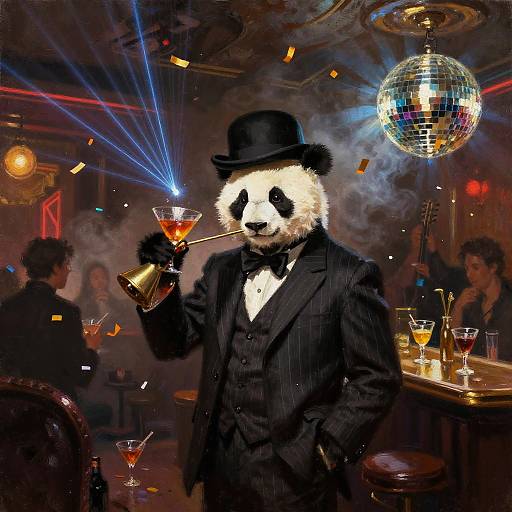 Photograph of a panda in a black pinstripe suit, top hat, and monocle, holding a martini glass, in a dimly