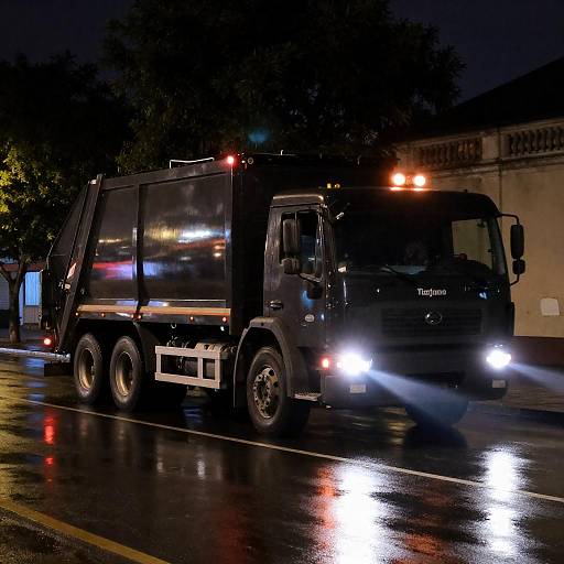 Nighttime Street Garbage Truck with Reflections