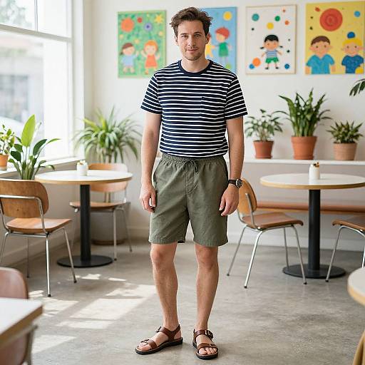 Photograph of a young man with short curly hair, wearing a black-and-white striped shirt, olive green shorts, and brown sandals, standing in a
